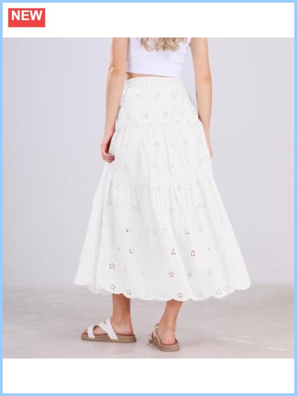 Lace Eyelet Embroidery High Waist Flowy Swing Midi Skirt - Picture 2 of 6
